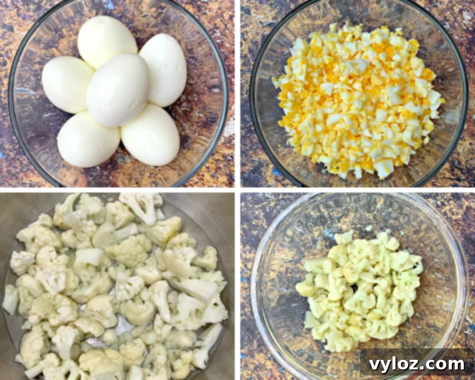 Boiled eggs in a bowl, chopped eggs in a bowl, boiled cauliflower in a pot and a glass bowl