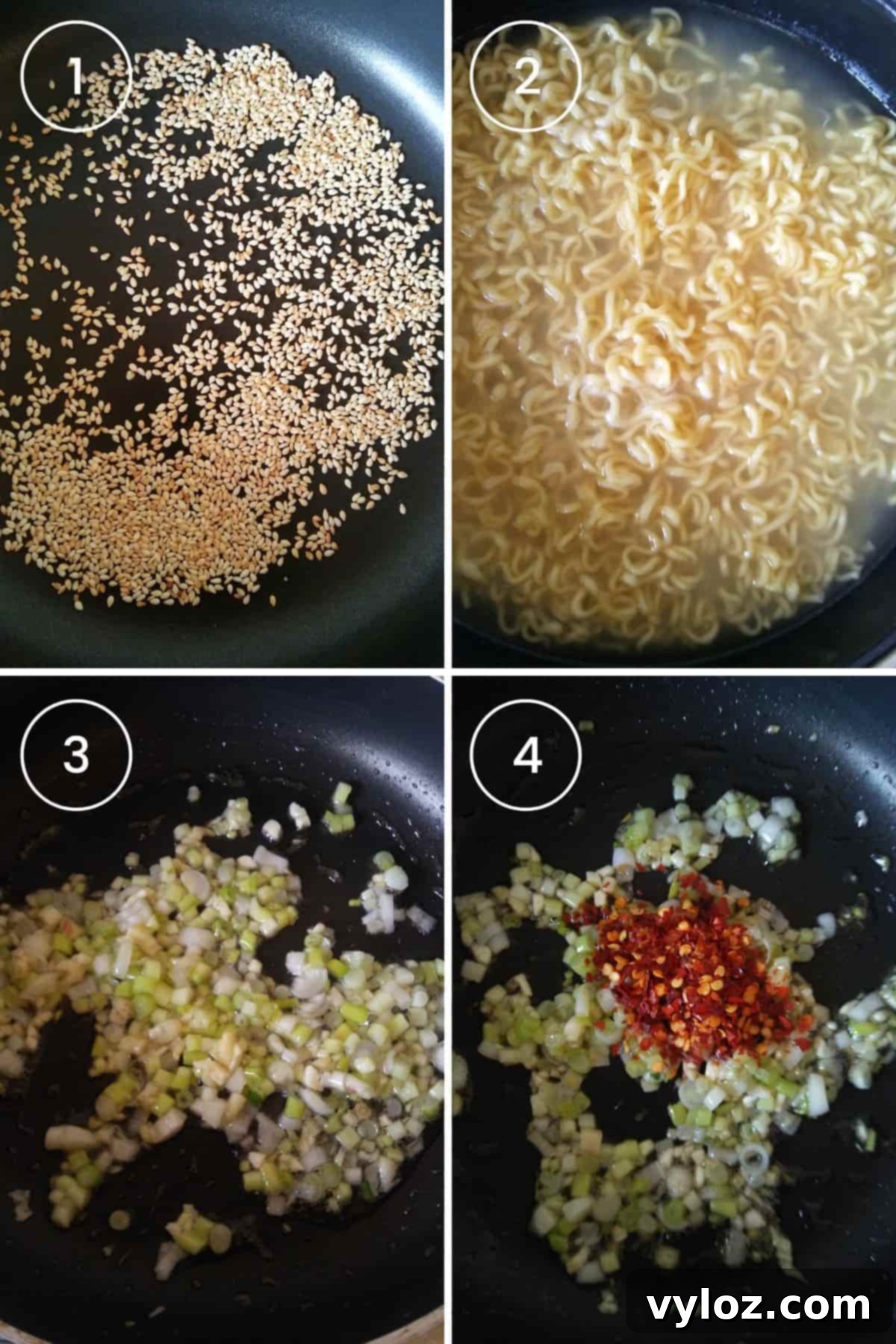 Four images showing the steps: toasting sesame seeds, cooking ramen noodles, sautéing green onions and garlic, and adding sauce.