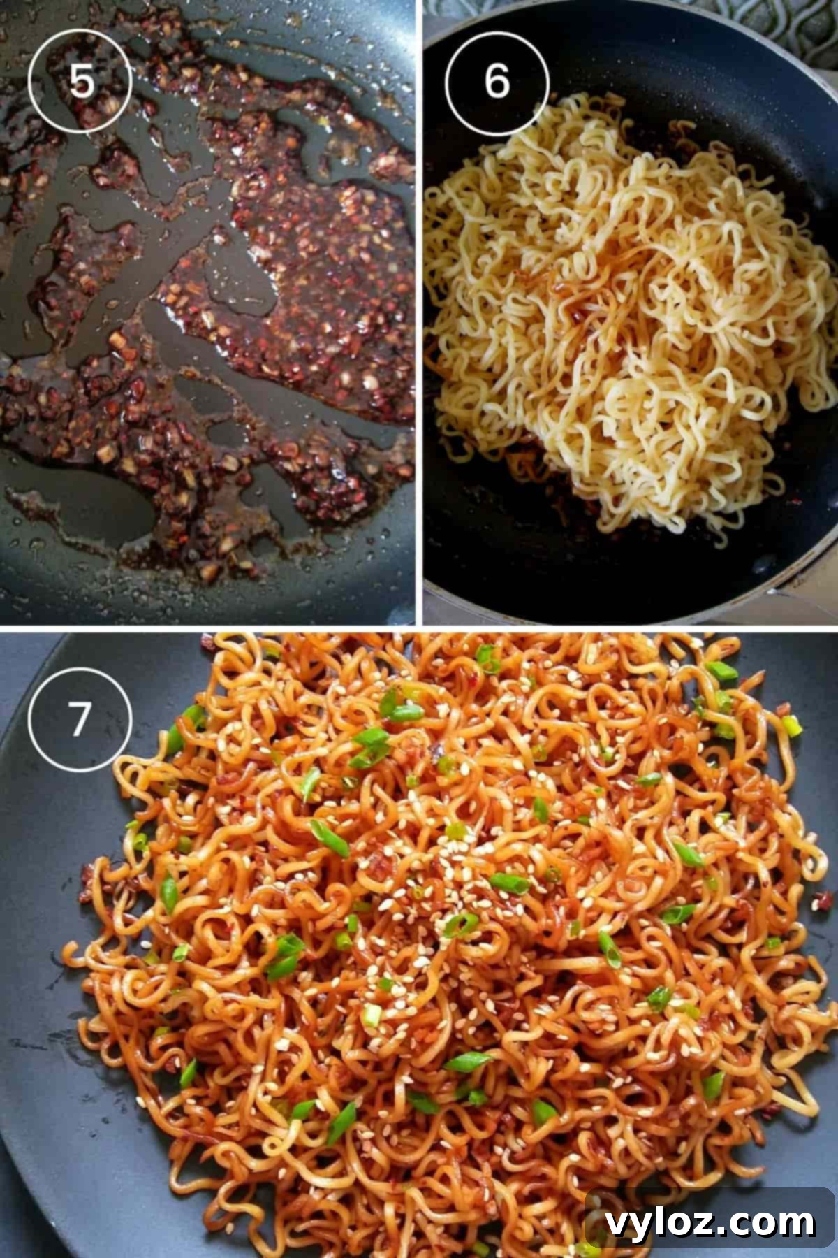 Three images showing the final steps: stir-frying noodles with sauce, mixing in green onions and sesame seeds, and the finished dish served on a black plate.