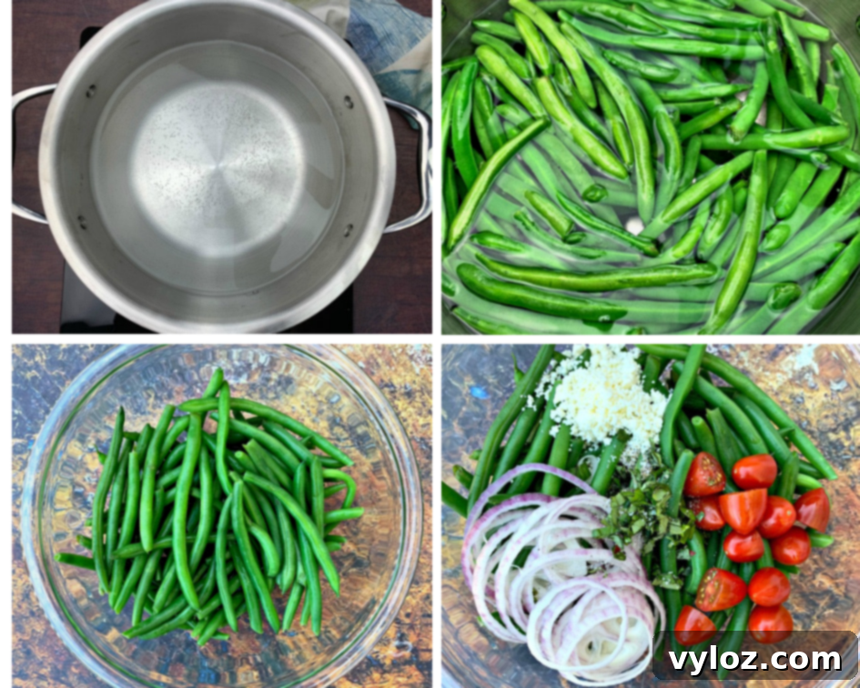 collage photo of 4 photos of water boiling in a pan, green beans boiling, and cooked green beans in a glass bowl