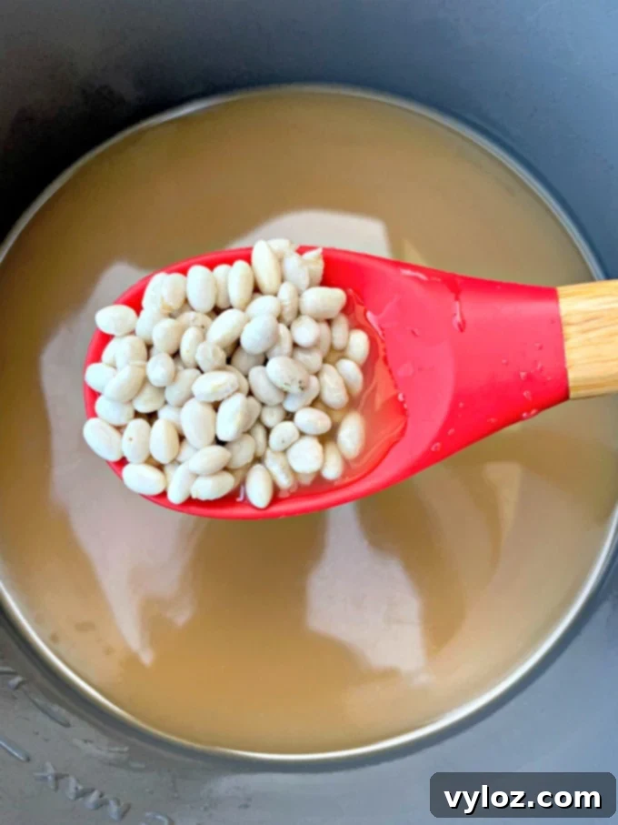 Navy beans in an Instant Pot with chicken broth
