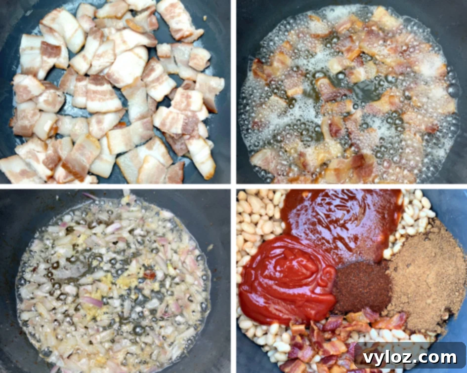 4 collage photos of raw bacon in an Instant Pot, cooked bacon in an Instant Pot, sauteed onions and garlic in an Instant Pot, bbq sauce, ketchup, brown sugar, and navy beans in an Instant Pot
