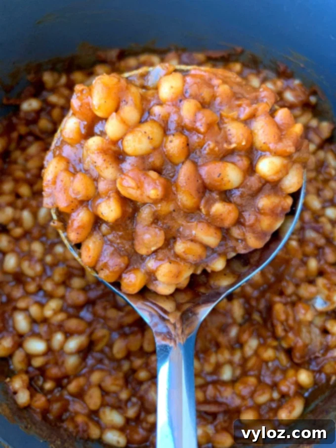 Spoon of Instant Pot baked beans with bacon in an Instant Pot
