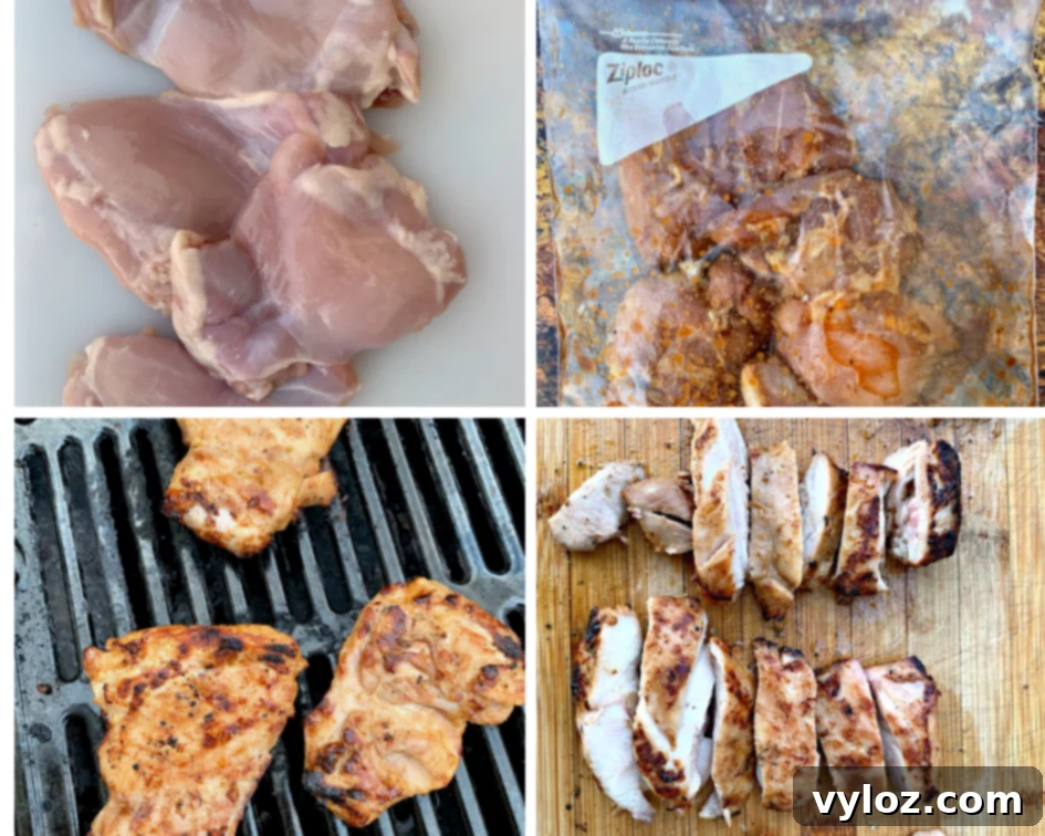 Collage showing steps for preparing Thai grilled chicken: raw chicken, marinating chicken, grilling chicken, and sliced cooked chicken