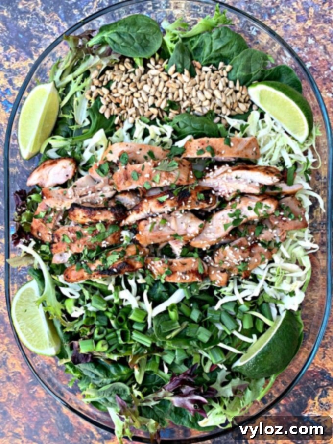 Appetizing Panera-style Thai chicken salad presented in a transparent plate, garnished with peanuts and herbs