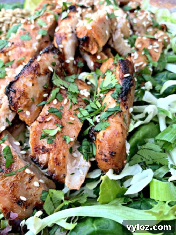 Close-up view of Panera-inspired Thai chicken salad, highlighting the chopped chicken and fresh vegetables