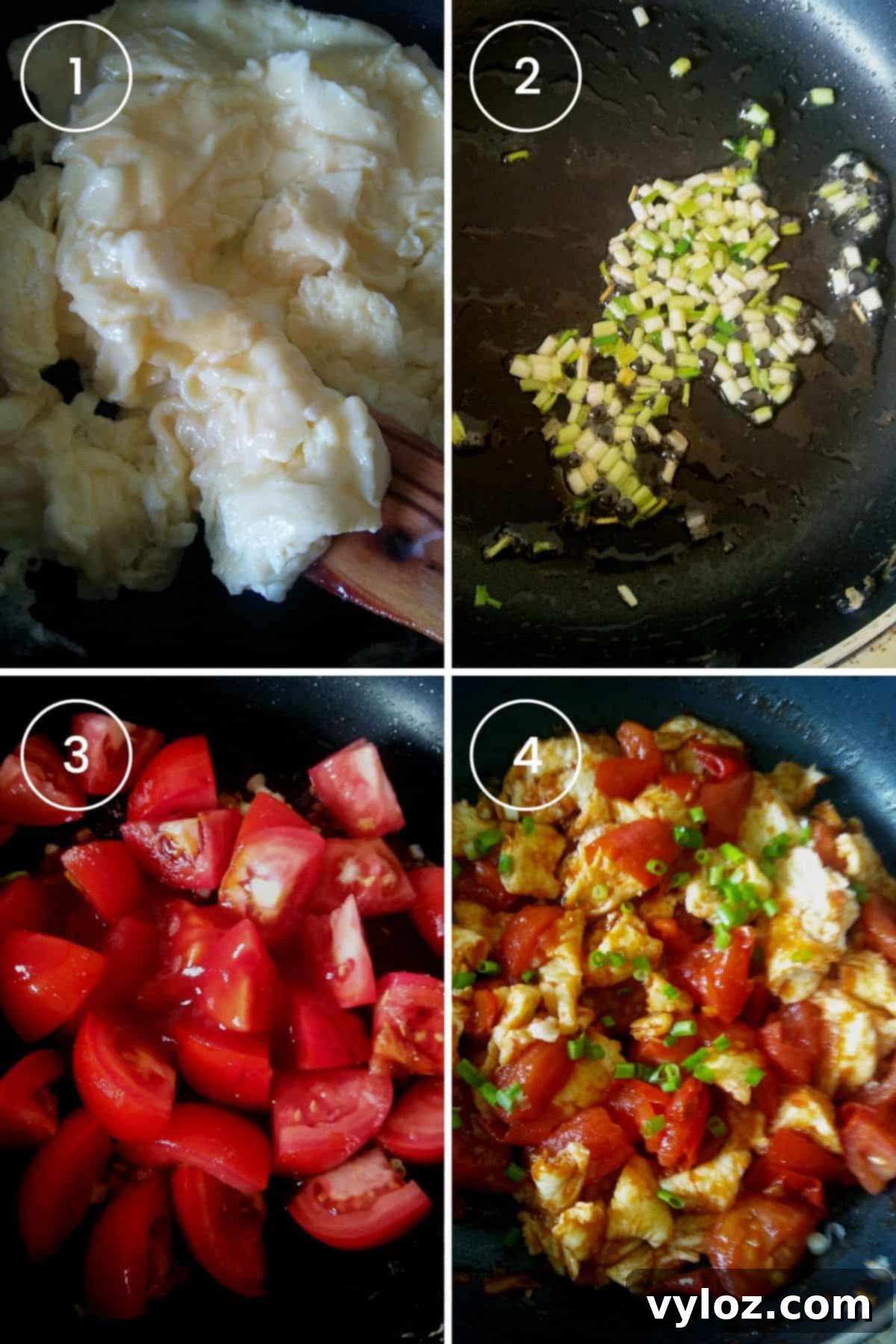 4 images in a collage showing cooking the eggs, sautéing the green onions, and stir frying the tomato and eggs. 