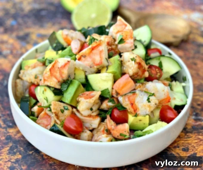 Vibrant Shrimp Avocado Salad 2 keto low carb shrimp avocado ceviche salad in a white bowl