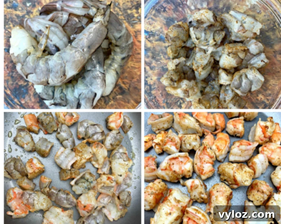 Vibrant Shrimp Avocado Salad 5 a collage of 4 photos of shrimp, raw shrimp and shrimp cooking in a skillet