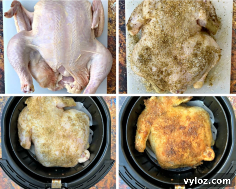 Effortlessly Crispy Air Fryer Whole Chicken 4 a collage photo of 4 photos of raw whole chicken on a cutting board seasoned and then in an air fryer basket