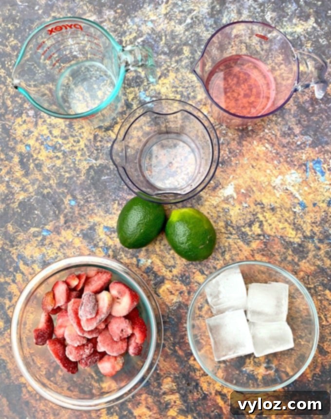 Zero Sugar Frozen Fiesta 3 frozen strawberries, ice, fresh limes, club soda, tequila, and simple syrup in separate bowls