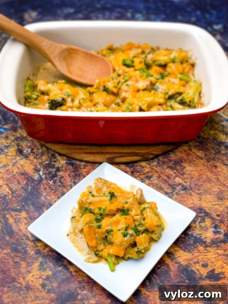 Easy Keto Chicken Broccoli Cheese Bake 10 Keto Broccoli Cheese Casserole on a white plate and in a red baking dish