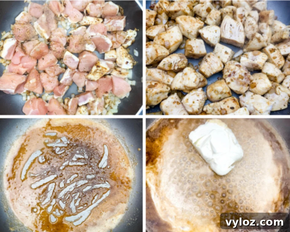 Easy Keto Chicken Broccoli Cheese Bake 5 4 collage photo of raw chicken and cooked chicken and roux in a skillet