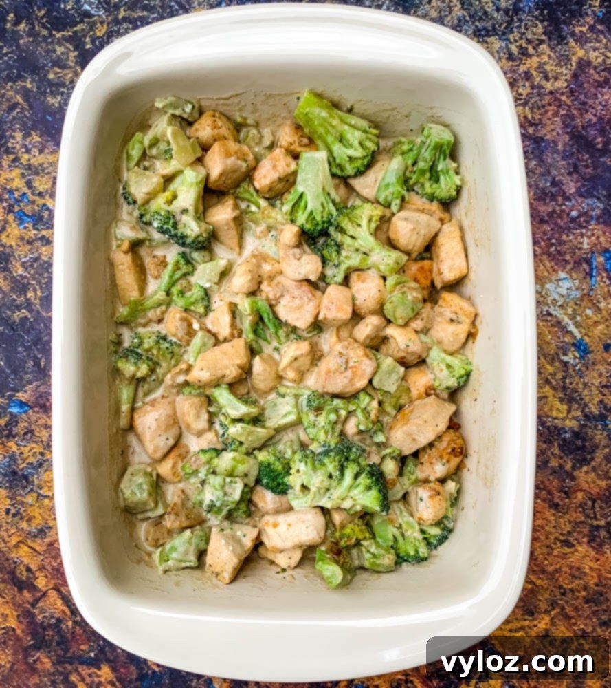 Easy Keto Chicken Broccoli Cheese Bake 8 uncooked Keto Broccoli Cheese Casserole in a baking dish