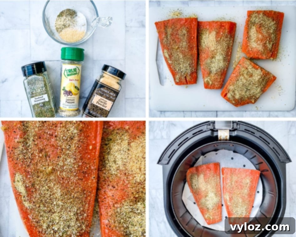 Delicious Air Fryer Salmon Made Simple 4 a collage photo of 4 different photos of lemon pepper seasoning, raw salmon seasoned, and raw salmon in an air fryer