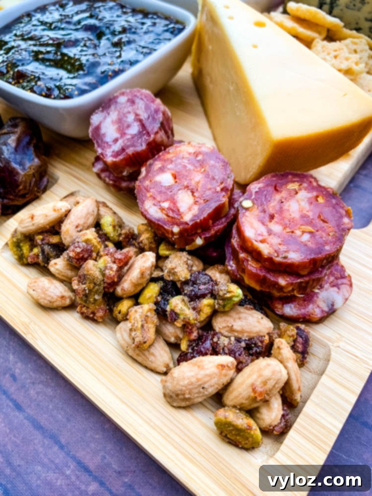 charcuterie board with artichokes, fig spread, cheese, and meat