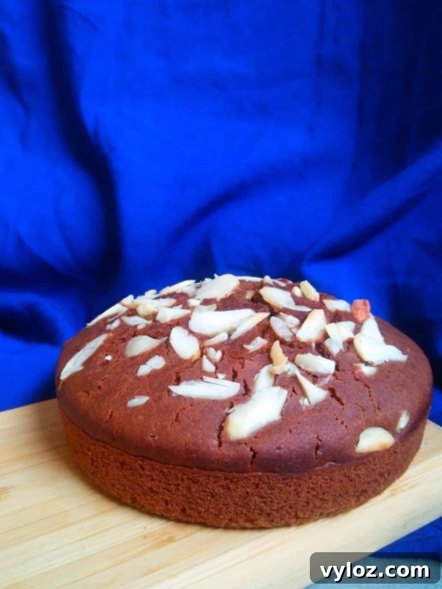 Delicious homemade biscuit cake topped with sliced almonds, ready to be served.