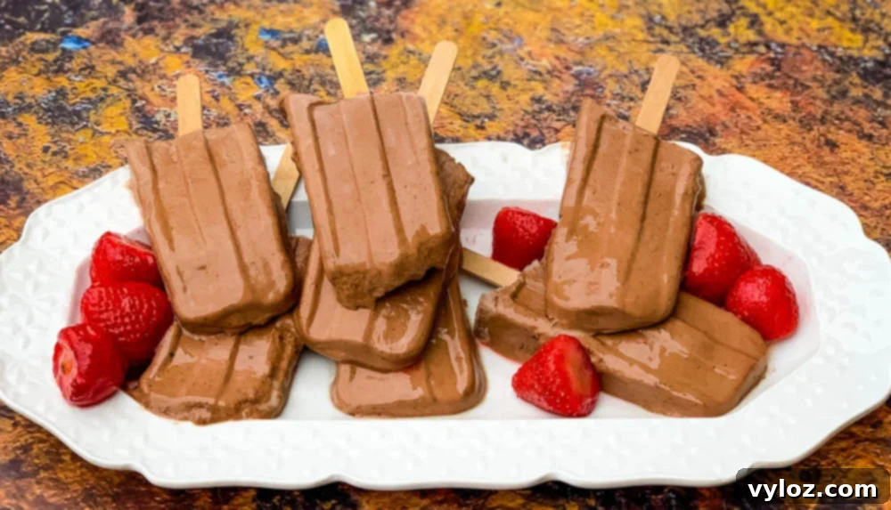 Keto low-carb fudge popsicle bars on a white plate with fresh strawberries