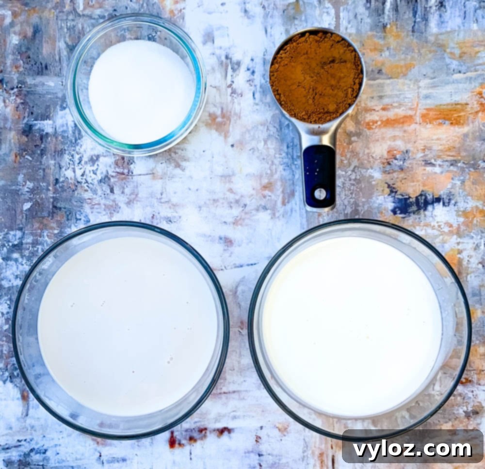 Almond milk, heavy cream, unsweetened cocoa, and sweetener in glass bowls for keto fudge popsicles