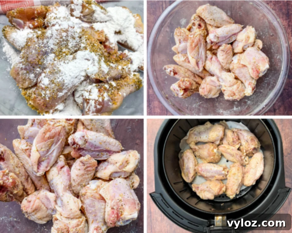 Collage showing raw chicken wings, seasoning, and baking powder being mixed in a glass bowl