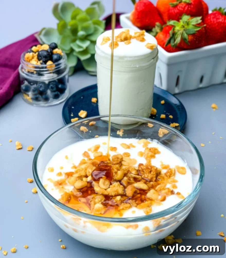 instant pot homemade yogurt in a glass bowl drizzled with honey