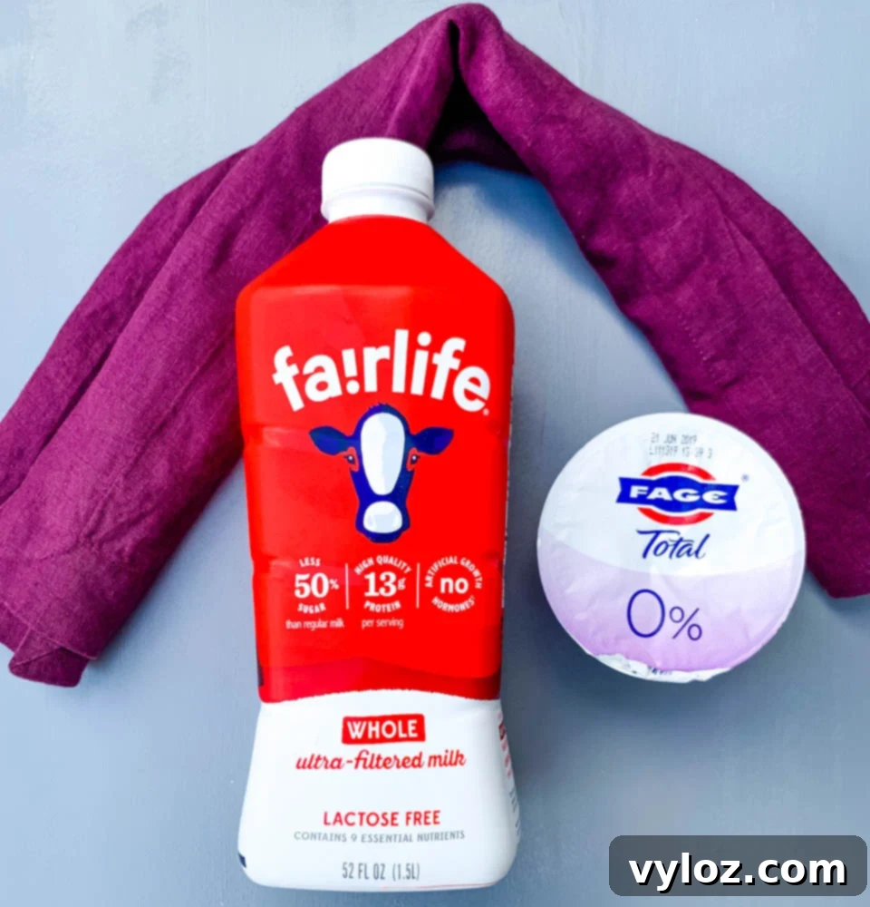 fairlife milk and fage yogurt on a blue flat surface