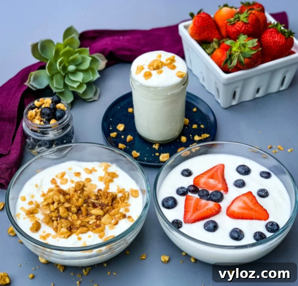 2 bowls of instant pot homemade yogurt with granola and fresh fruit