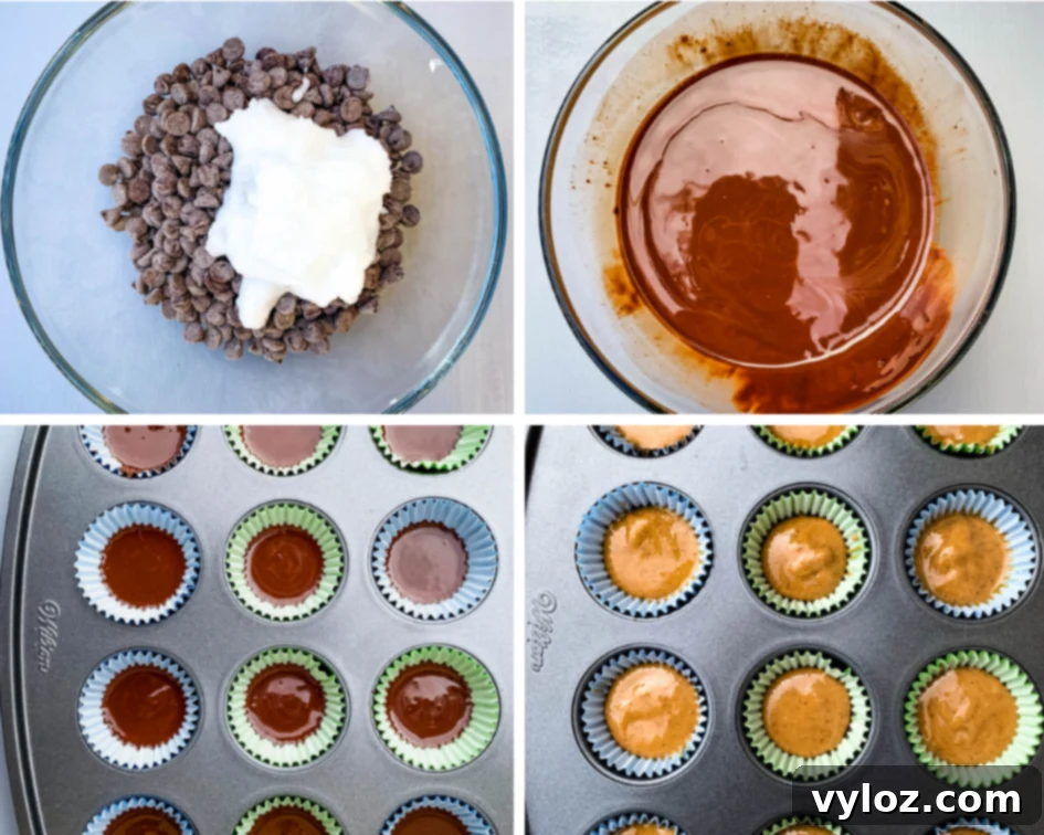 A collage featuring four images: sugar-free chocolate chips and solid coconut oil in a glass bowl, melted chocolate mixture, and peanut butter cup batter layered in mini muffin tins.