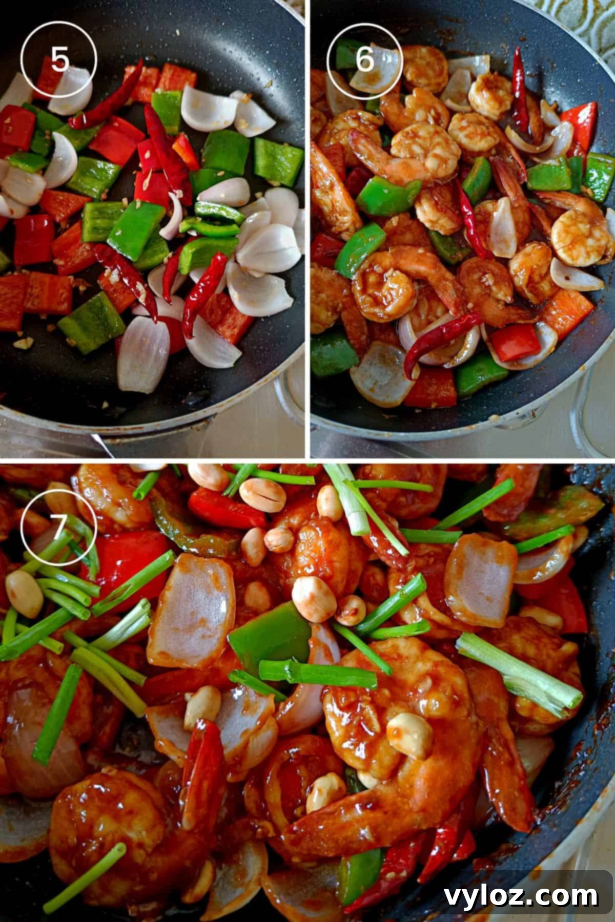 Whip Up Kung Pao Shrimp in Minutes 6 Three sequential images showing the final stages of cooking: stir-frying vegetables, adding the seared shrimp, and tossing everything with the glossy Kung Pao sauce, peanuts, and scallions.