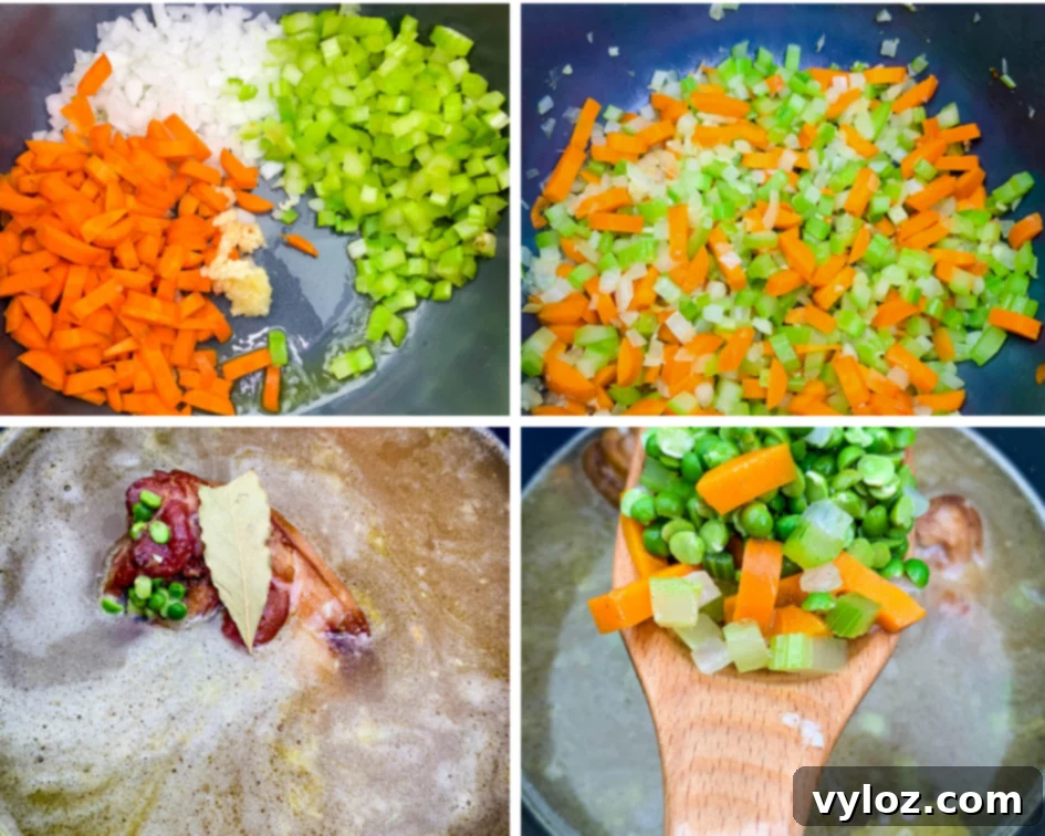A collage of four vibrant images showcasing the process of making split pea soup in an Instant Pot. One image shows fresh carrots, onions, and celery in the pot, while another displays rich chicken broth being added, illustrating the initial steps of preparing this hearty soup.