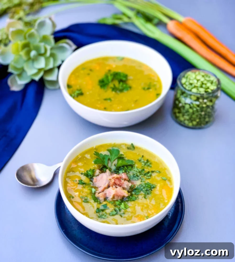 A bowl of delicious Instant Pot Split Pea Soup, garnished with fresh parsley, served on a blue plate.