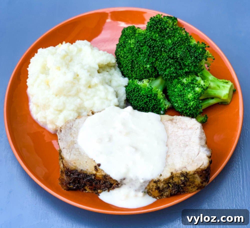 air fryer pork loin with cauliflower mash and broccoli
