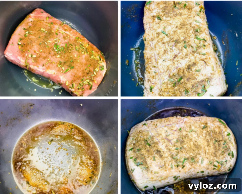 collage photo of raw pork loin being cooked in an Instant Pot