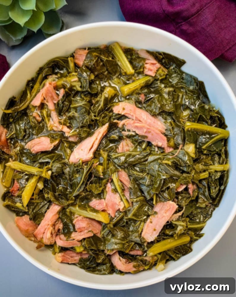 Soulful Instant Pot Southern Collard Greens 12 Image of collard greens in a white bowl