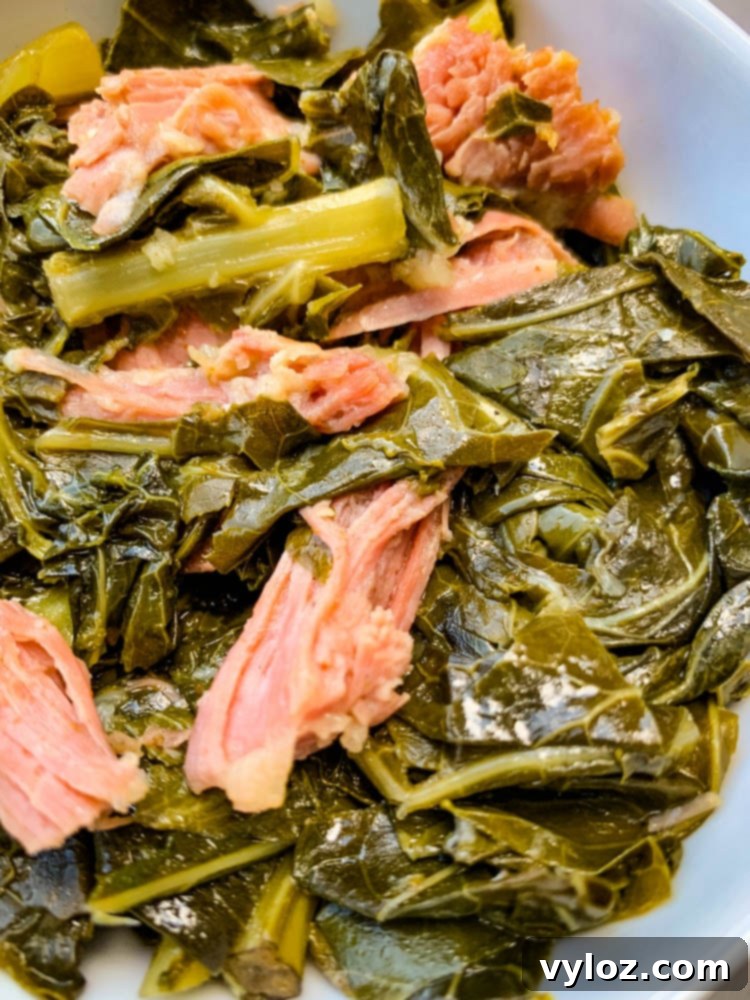Soulful Instant Pot Southern Collard Greens 13 Image of collard greens in a white bowl