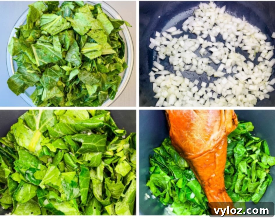 Soulful Instant Pot Southern Collard Greens 5 Collage photo of raw collard greens in a glass bowl, onions cooking in an Instant Pot, and raw collard greens and a smoked turkey leg in an Instant Pot