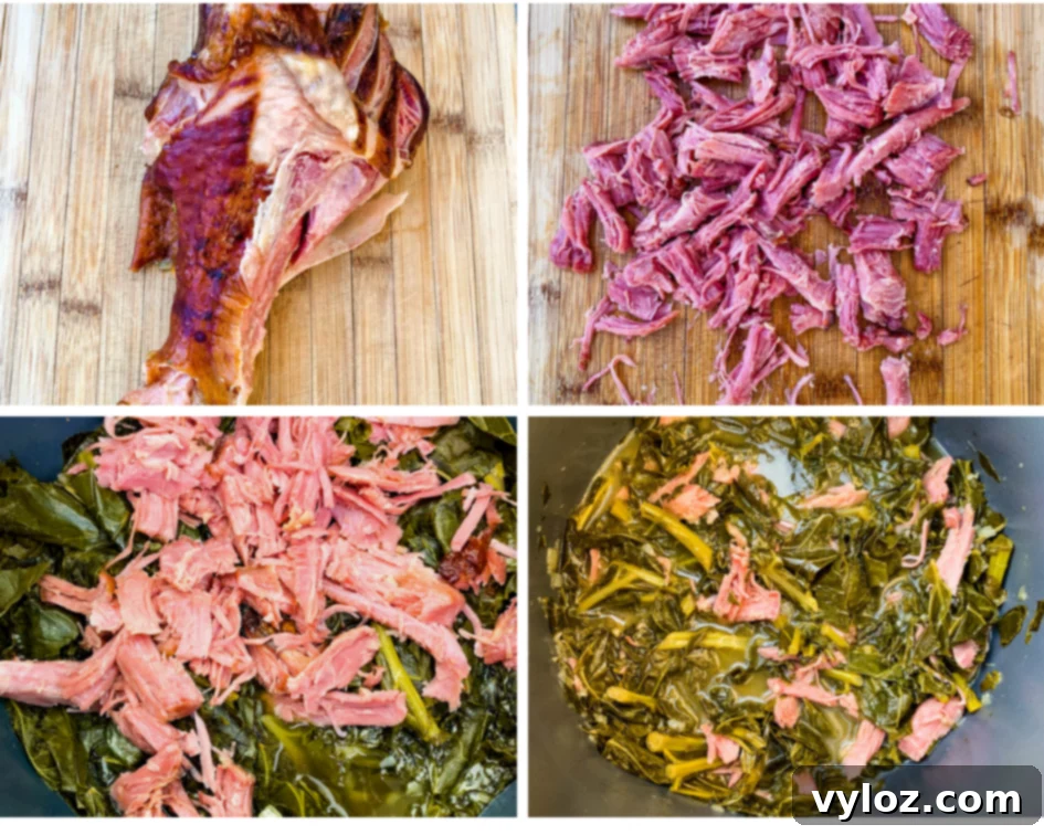 Soulful Instant Pot Southern Collard Greens 6 Collage photo of a cooked smoked turkey leg, shredded smoked turkey on a cutting board, cooked collard greens and smoked turkey in an Instant Pot
