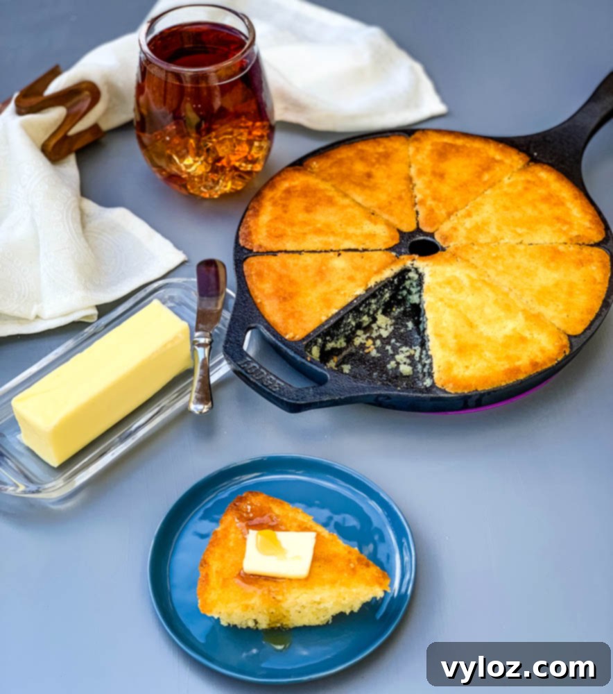 southern cast iron skillet cornbread on a plate and in a wedge pan with butter