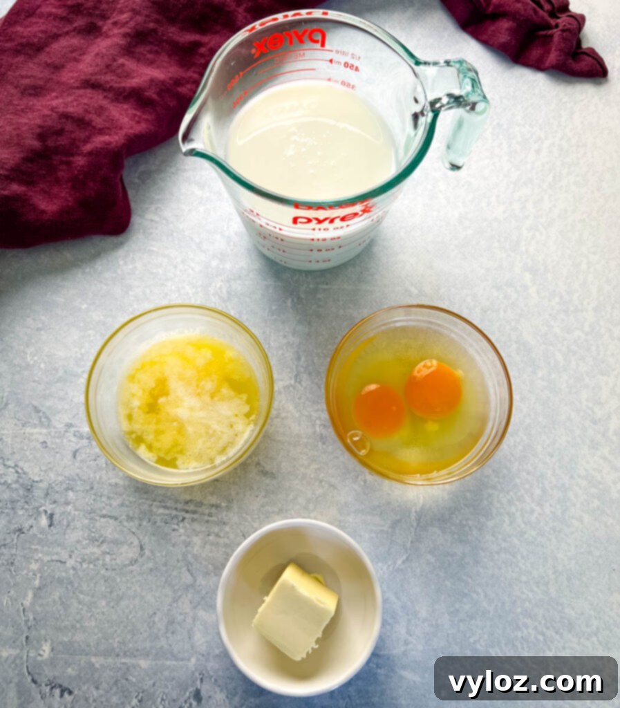buttermilk, egg, and butter in separate bowls