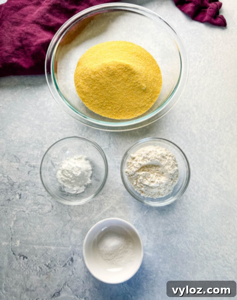 cornmeal, flour, baking powder, and salt in separate bowls