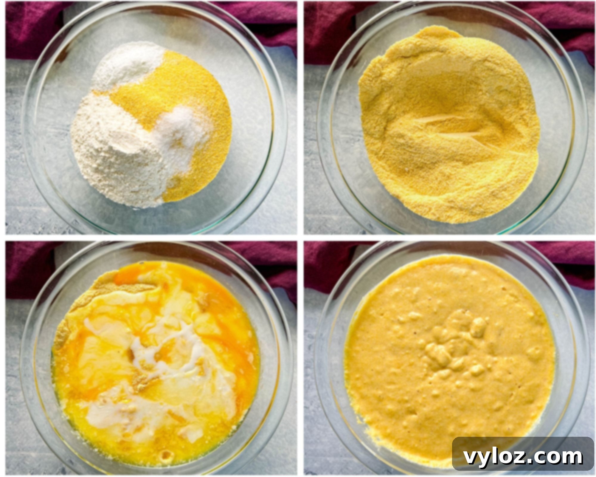collage photos of a greased wedge pan skillet, cornmeal in a mixing bowl, and cornbread batter in a mixing bowl