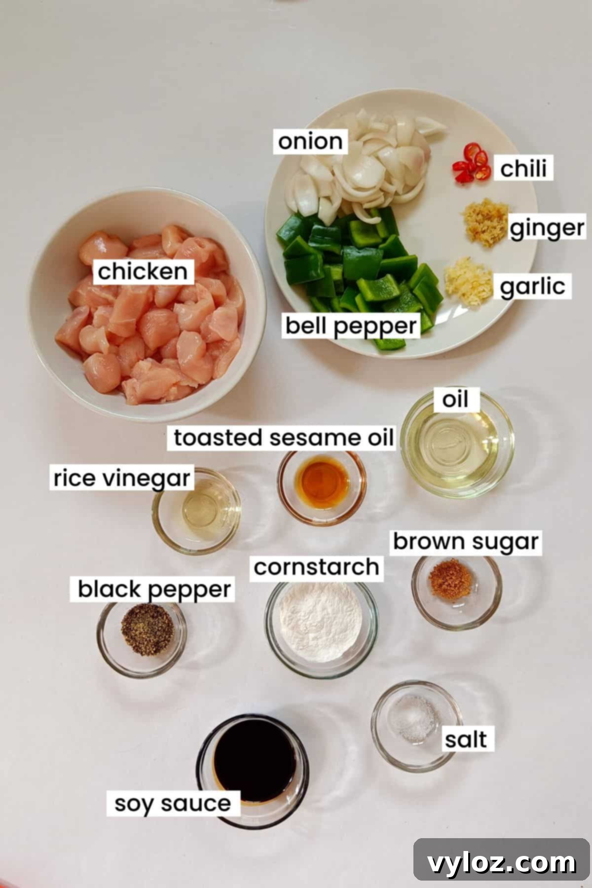 Quick and Easy Black Pepper Chicken 3 Image showing black pepper chicken recipe ingredients placed on a white background.
