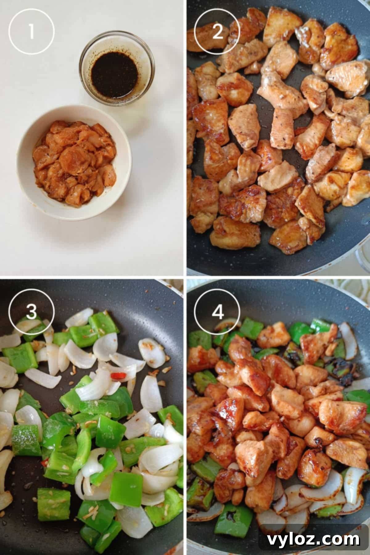 Quick and Easy Black Pepper Chicken 4 4 images showing making the sauce, marinating chicken, browning chicken, stir frying veggies and combining everything with sauce.
