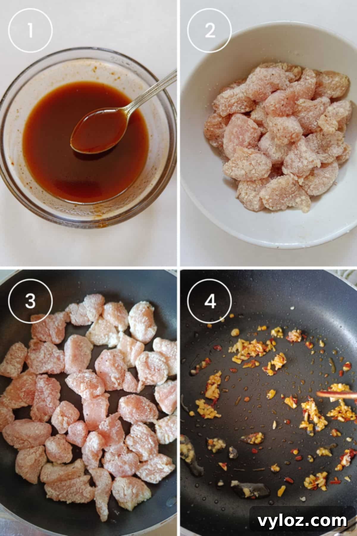 A collage of four images illustrating the process: making the sauce, pan-frying chicken, and sautéing aromatics.
