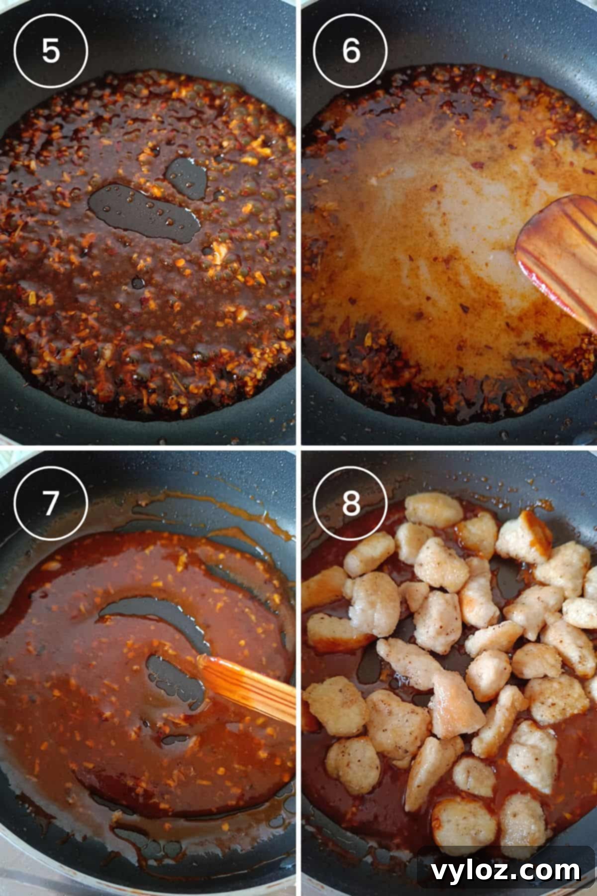 A series of four images showing the final steps: adding the sauce, thickening with slurry, returning chicken, and tossing to coat.