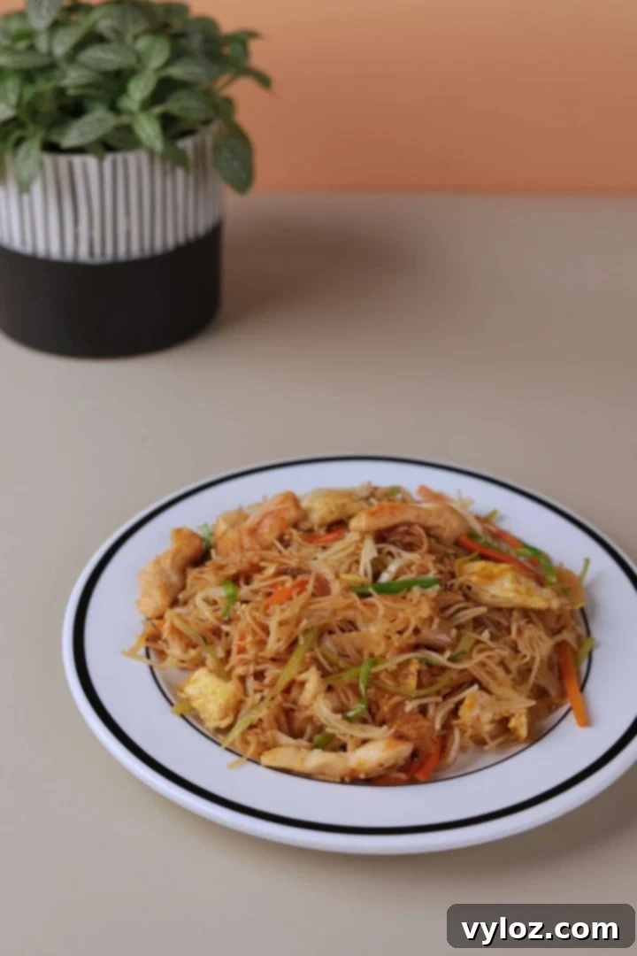 A serving of authentic Chinese chicken mei fun home-style noodle recipe, presented on a pristine white plate and garnished with fresh green onions. The dish features thin rice vermicelli noodles perfectly integrated with succulent chicken strips, vibrant shredded carrots, crisp cabbage, and savory scrambled egg pieces, all coated in a rich, aromatic sauce.