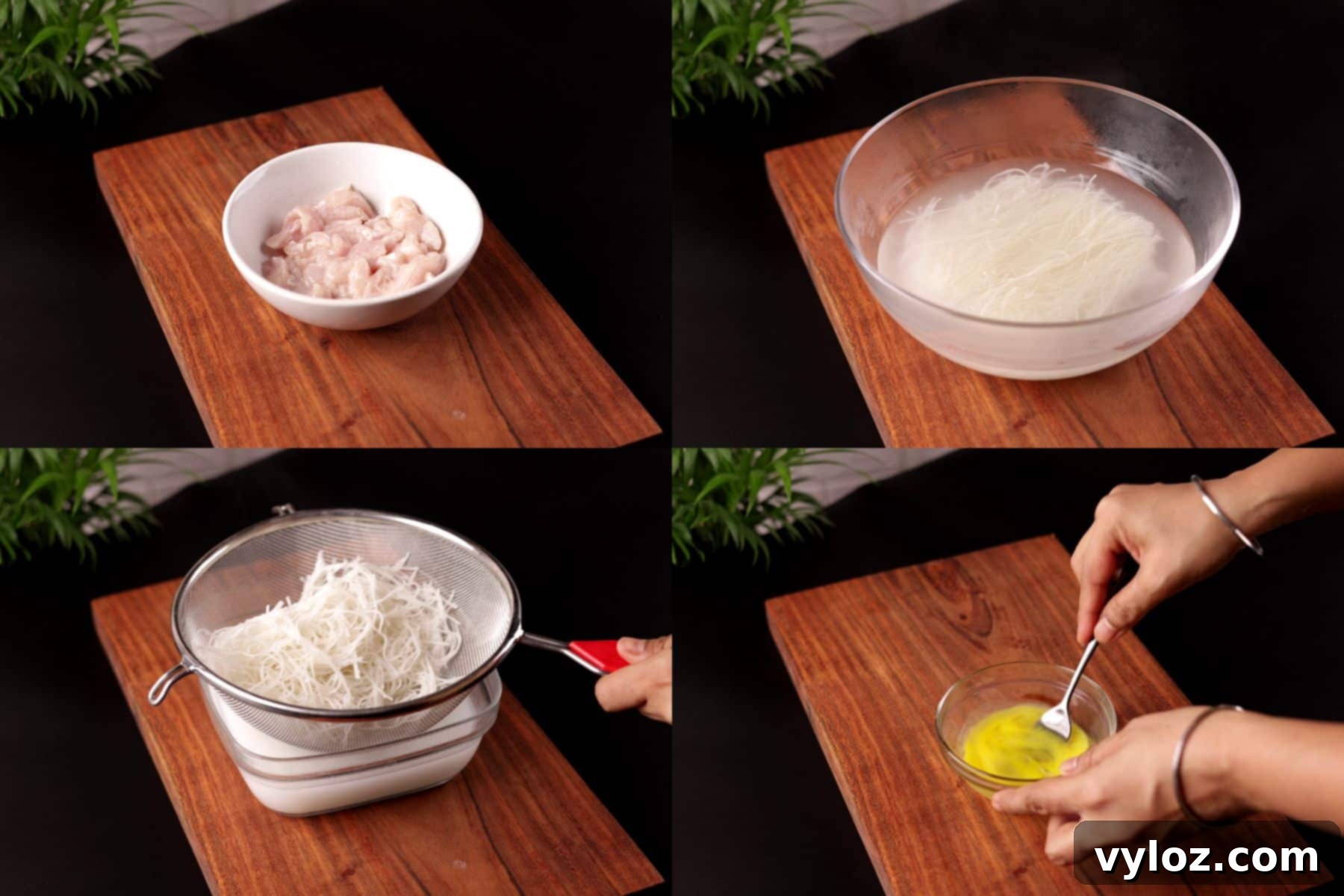 Key preparatory steps for Chinese chicken mei fun, showing chicken strips marinating in a bowl with spices, thin rice noodles soaking in a bowl and then thoroughly draining in a colander, and a single large egg beaten in a small bowl.