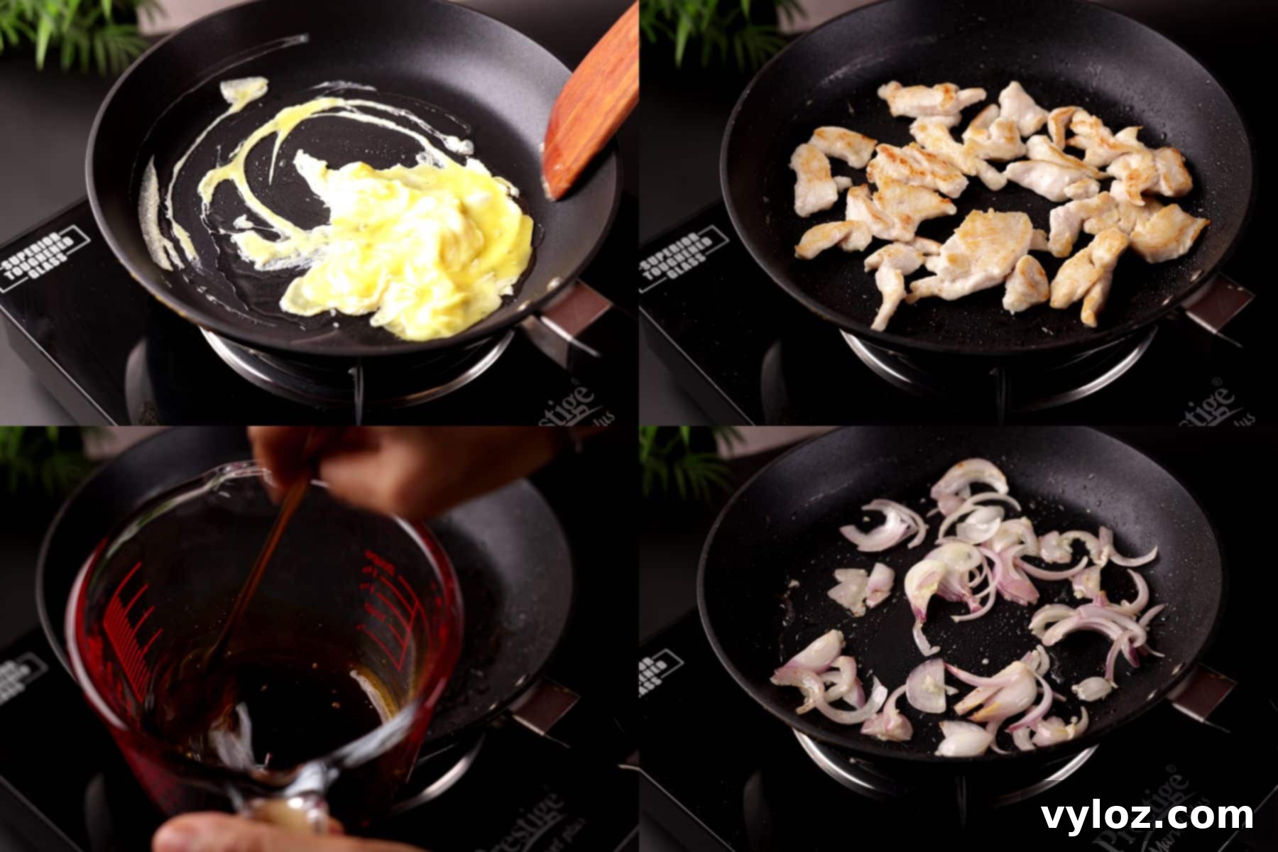 Progression shots for cooking Chinese chicken mei fun: a close-up of light scrambled egg pieces in a pan, golden-brown cooked chicken strips, a bowl of mixed stir-fry sauce ingredients, and thinly sliced onions with minced garlic being sautéed in a hot wok.