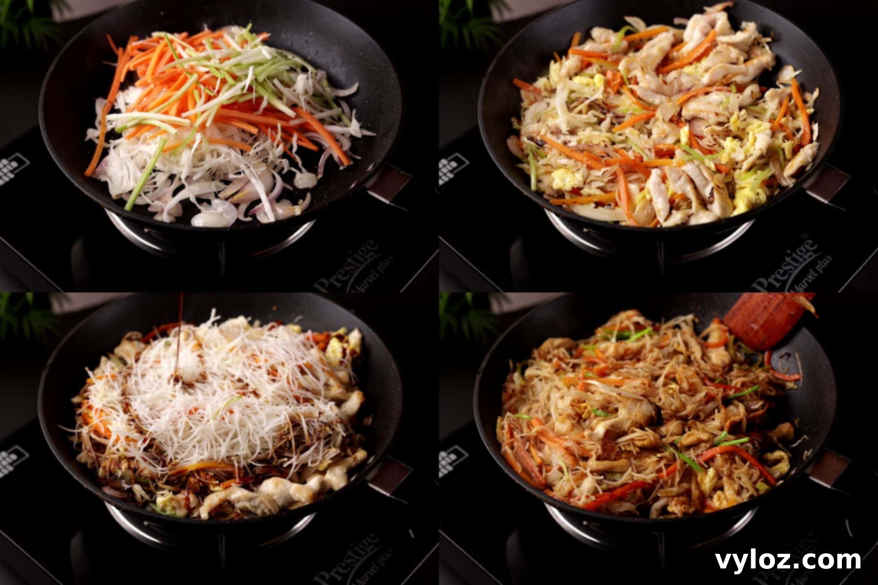 A visual sequence detailing the final stages of cooking Chicken Mei Fun: stir-frying a mix of colorful vegetables, adding back the cooked chicken and scrambled egg, gently incorporating the prepared rice noodles, pouring in the savory stir-fry sauce along with fresh green onions, and finally, the perfectly combined, steaming dish in the wok, ready to serve.