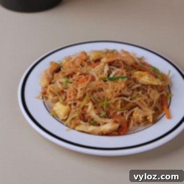 A close-up of a serving of homemade Chicken Mei Fun noodles on a white plate, showing chicken, vegetables, and egg coated in sauce.